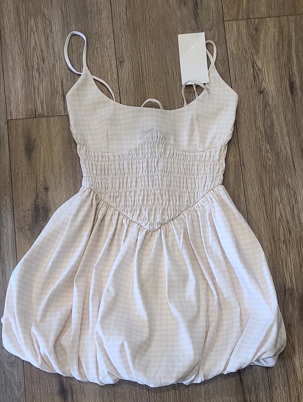 Zara Cream Gingham Smocked Corset Bubble Puffball Dress NWT S - Picture 2 of 9